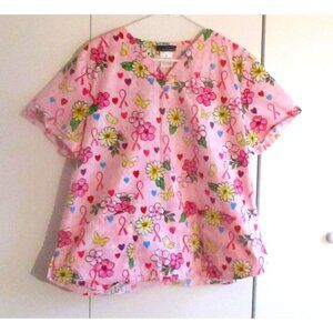 Cherokee XL Pink Breast Cancer Awareness Hearts Valentines Scrub Top Pockets